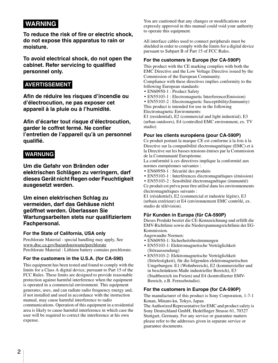 Warning | Sony CA-590 User Manual | Page 2 / 22