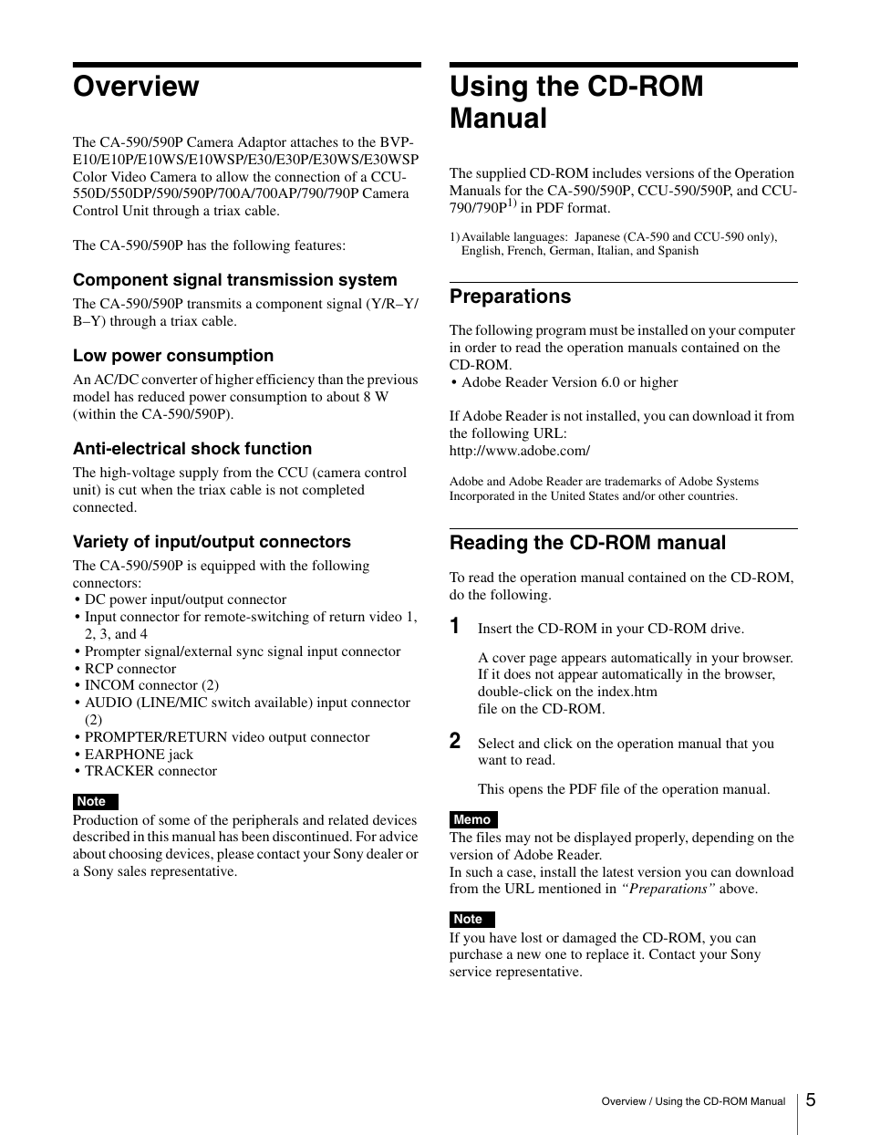 Overview, Using the cd-rom manual, Preparations | Reading the cd-rom manual, Overview using the cd-rom manual, Preparations reading the cd-rom manual | Sony CA-590 User Manual | Page 5 / 22