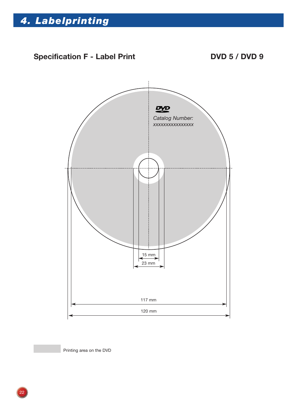 Labelprinting, Specification f - label print dvd 5 / dvd 9 | Sony DVD Rom/DVD Video User Manual | Page 22 / 54