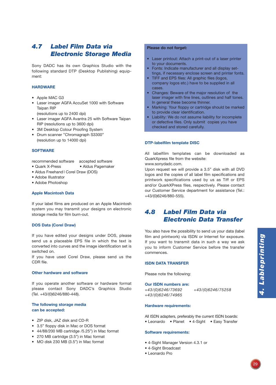 Lableprinting, 7 label film data via electronic storage media, 8 label film data via electronic data transfer | Sony DVD Rom/DVD Video User Manual | Page 29 / 54