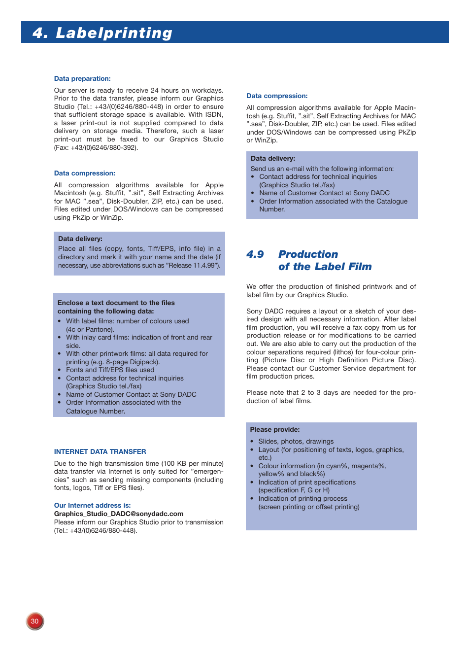 Labelprinting, 9 production of the label film | Sony DVD Rom/DVD Video User Manual | Page 30 / 54