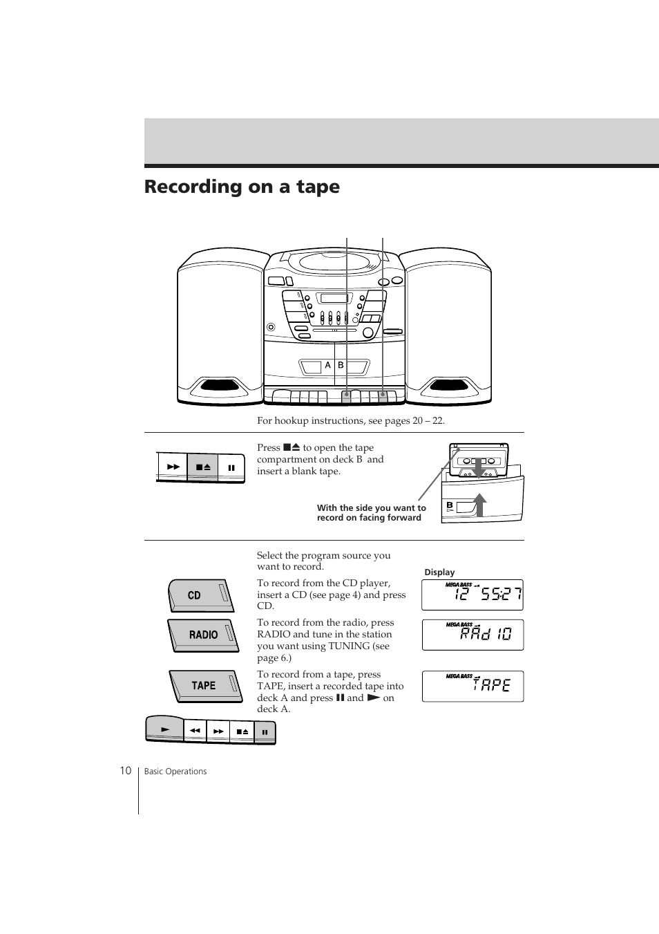 Recording on a tape | Sony CFD-ZW150 User Manual | Page 10 / 32