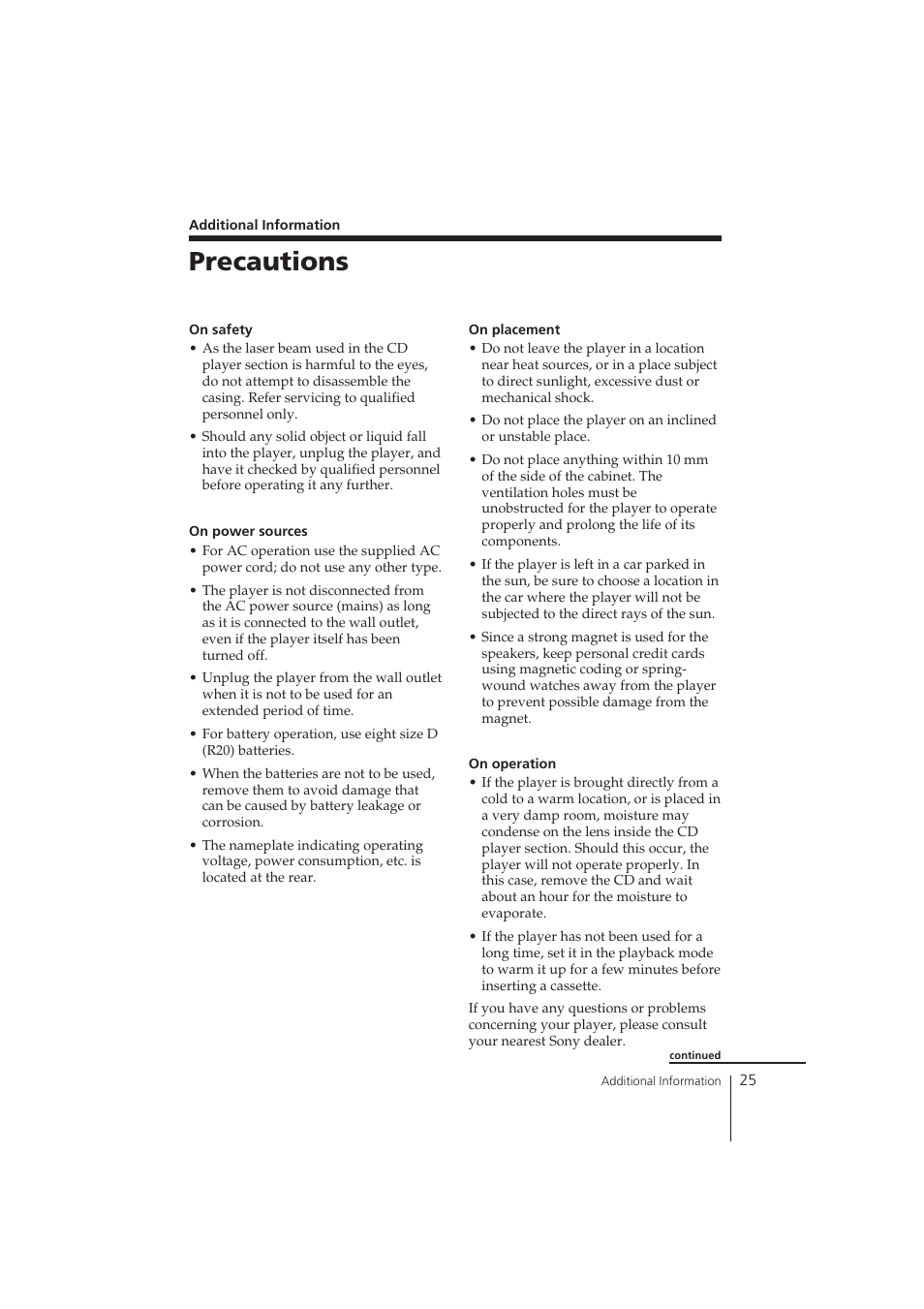 Precautions | Sony CFD-ZW150 User Manual | Page 25 / 32