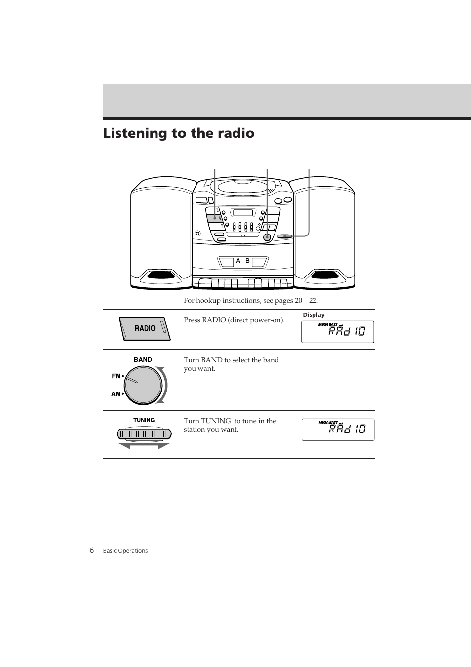 Listening to the radio | Sony CFD-ZW150 User Manual | Page 6 / 32