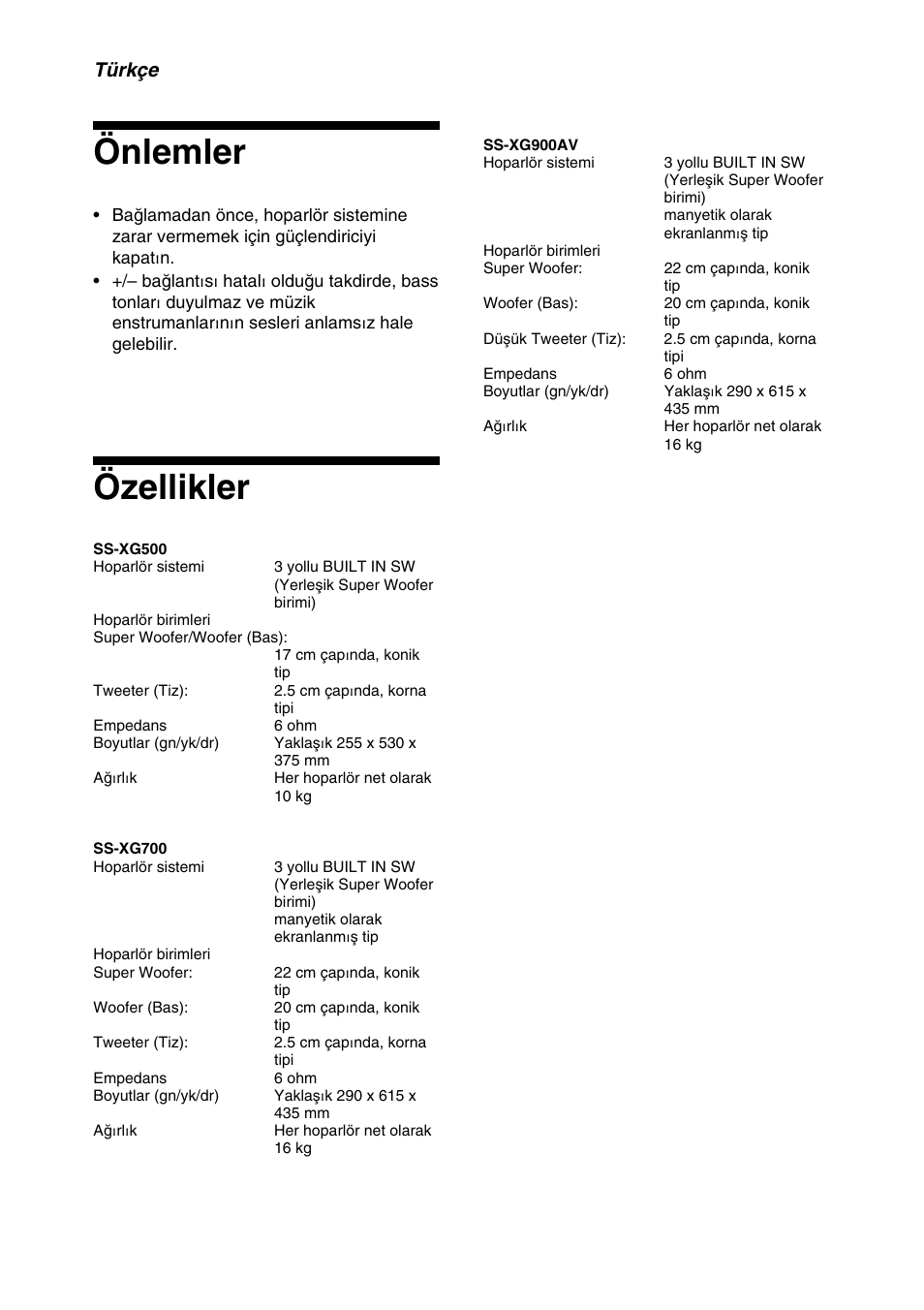 Önlemler, Özellikler, Türkçe | Sony SS-XG900AV User Manual | Page 9 / 12
