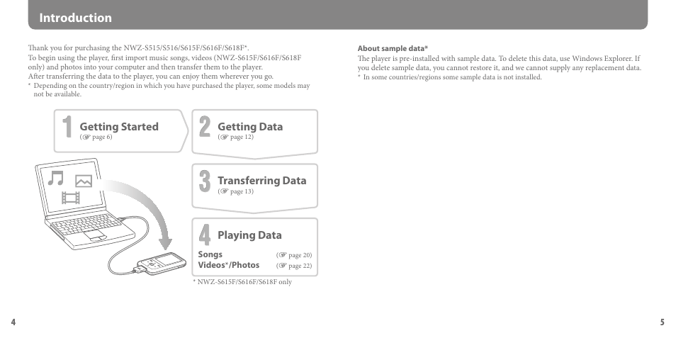 Introduction, Getting started, Transferring data | Getting data, Playing data | Sony NWZ-S615F User Manual | Page 3 / 16