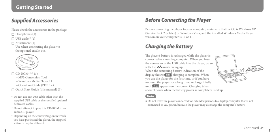 Getting started, Supplied accessories, Before connecting the player | Charging the battery | Sony NWZ-S615F User Manual | Page 4 / 16