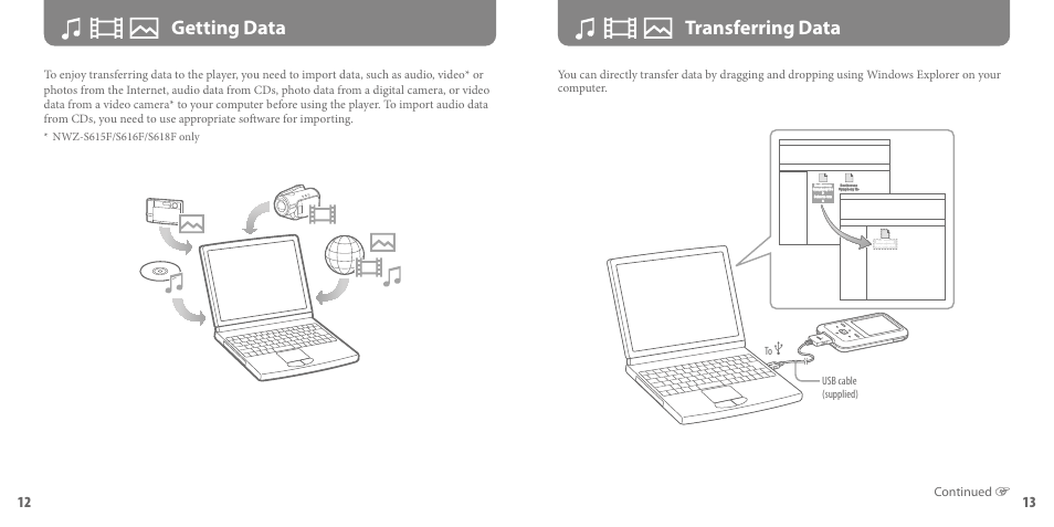 Getting data, Transferring data, Getting data transferring data | Sony NWZ-S615F User Manual | Page 7 / 16