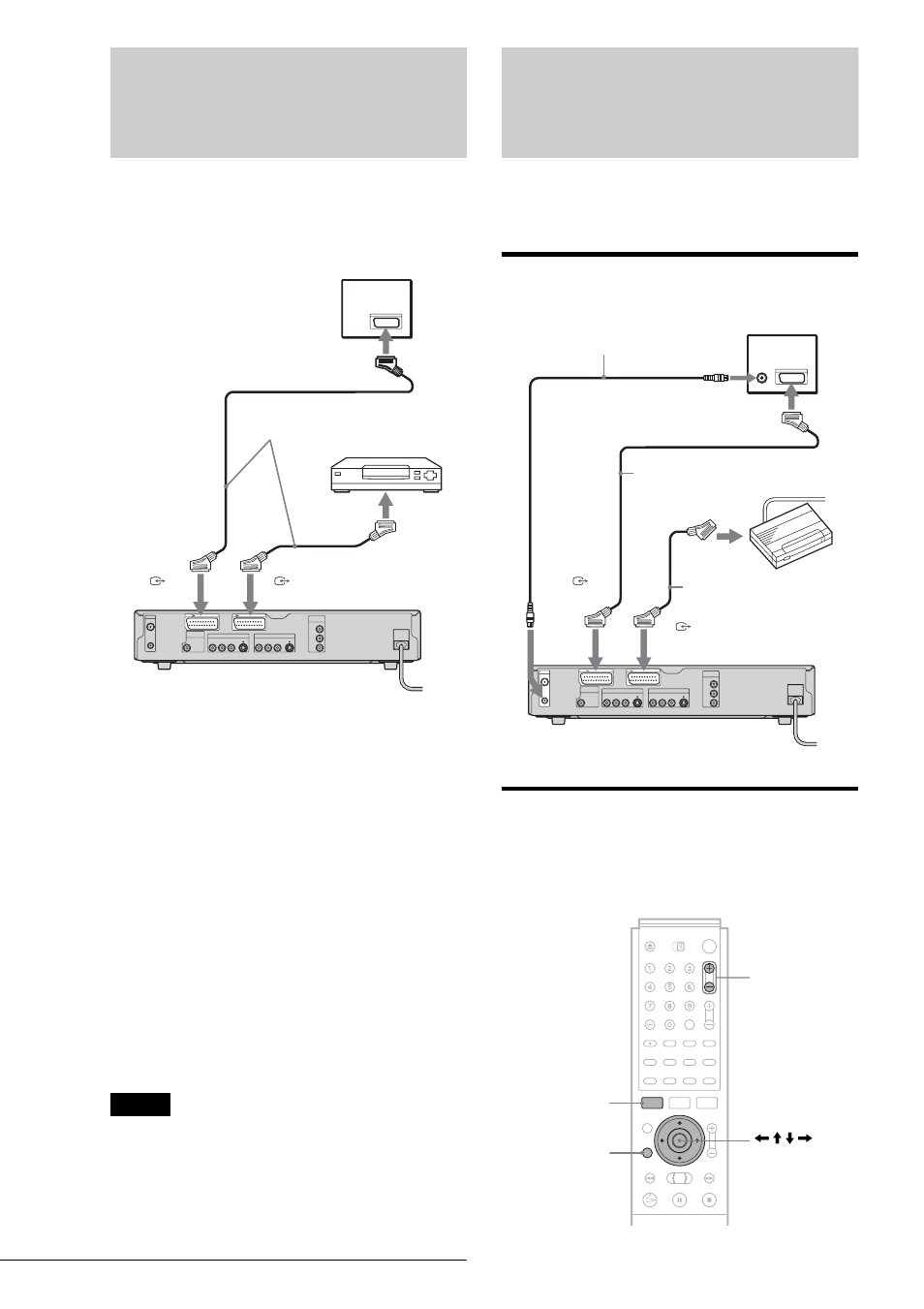 Connecting to a satellite or digital tuner, Connecting a pay-tv/ canal plus decoder, Connecting a decoder | Setting pay-tv/canal plus channels, Connecting to a satellite or digital, Tuner, Connecting a pay-tv/canal plus, Decoder, Connecting a pay-tv/canal plus decoder, If the satellite tuner can output rgb signals | Sony RDR-GX3 User Manual | Page 28 / 100