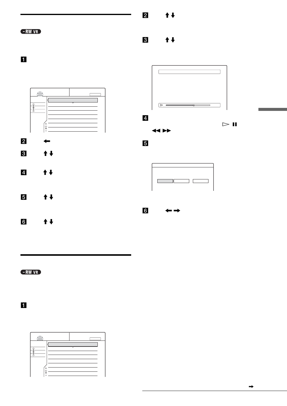 Moving a playlist title (move), Dividing a playlist title (divide), Editi ng a dvd | A press title list, E press m / m to select “move,” then press enter, C press m / m to select “divide” then press enter, F press </, to select “ok,” then press enter | Sony RDR-GX3 User Manual | Page 71 / 100