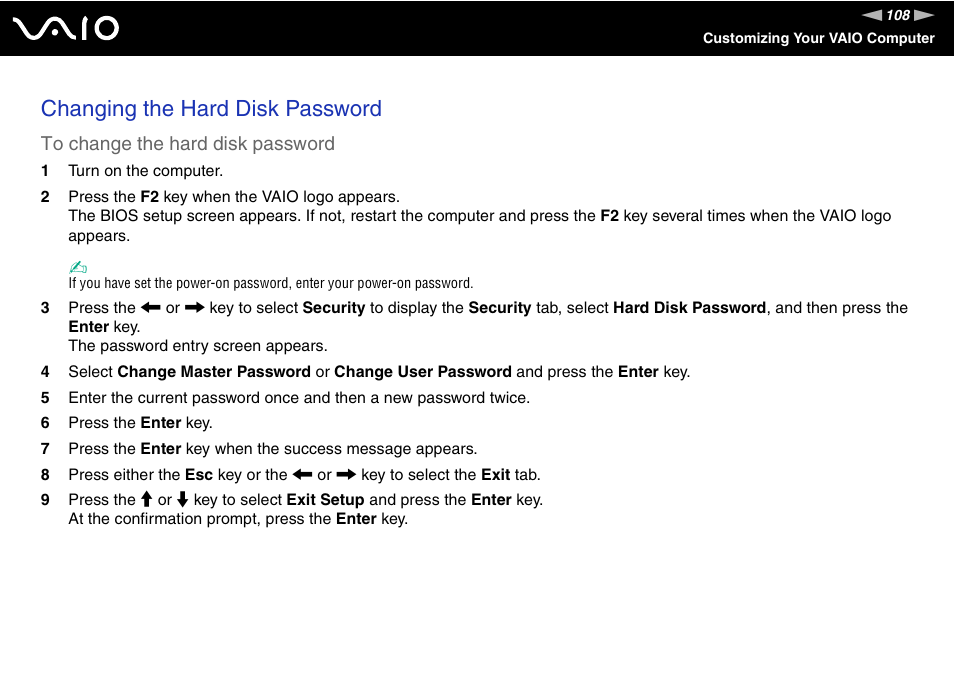 Changing the hard disk password | Sony VAIO VGN-SZ600 User Manual | Page 108 / 216