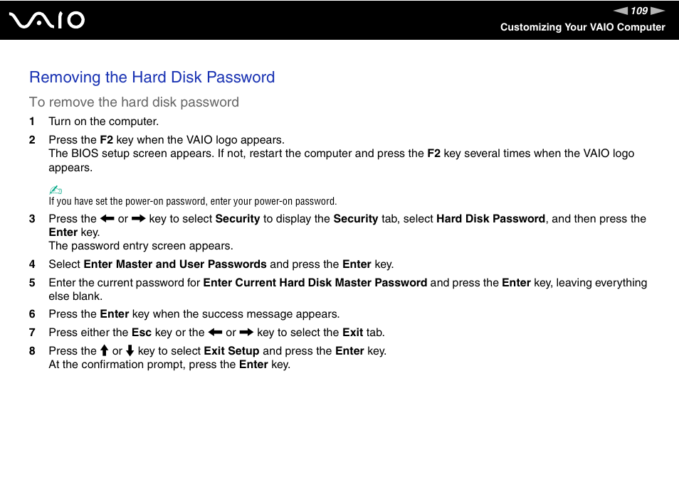 Removing the hard disk password | Sony VAIO VGN-SZ600 User Manual | Page 109 / 216