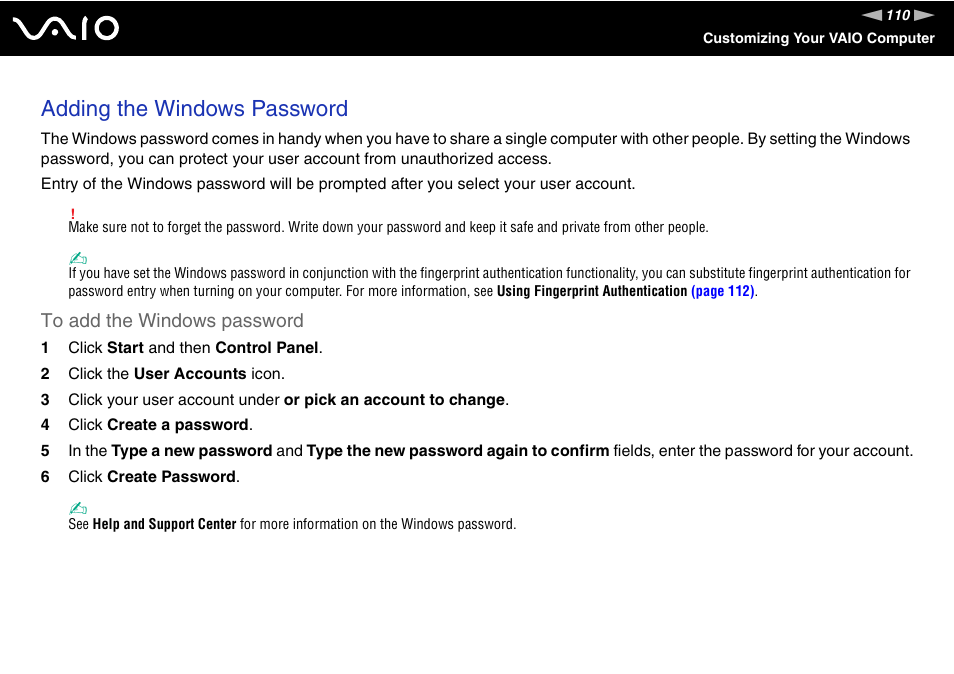 Adding the windows password | Sony VAIO VGN-SZ600 User Manual | Page 110 / 216