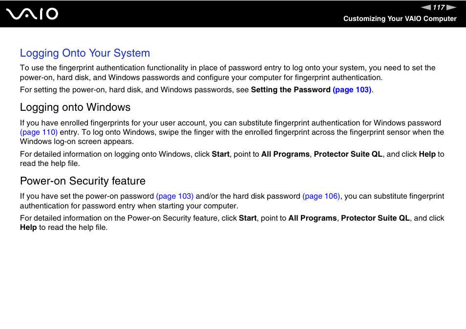 Logging onto your system, Logging onto windows, Power-on security feature | Sony VAIO VGN-SZ600 User Manual | Page 117 / 216