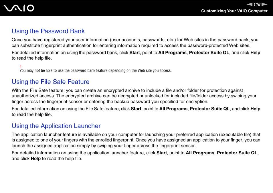 Using the password bank, Using the file safe feature, Using the application launcher | Sony VAIO VGN-SZ600 User Manual | Page 118 / 216