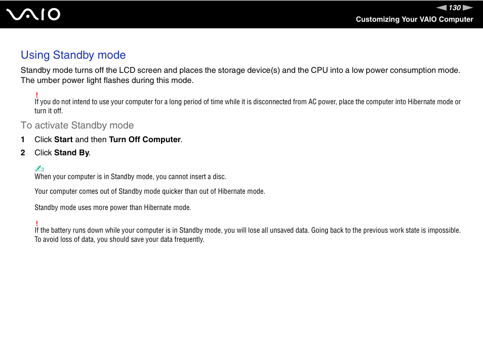 Using standby mode | Sony VAIO VGN-SZ600 User Manual | Page 130 / 216