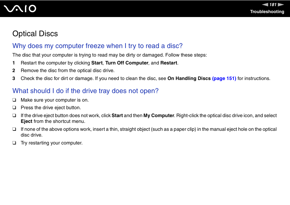 Optical discs, What should i do if the drive tray does not open | Sony VAIO VGN-SZ600 User Manual | Page 181 / 216