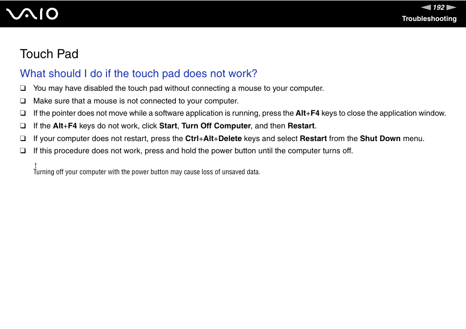 Touch pad, What should i do if the touch pad does not work | Sony VAIO VGN-SZ600 User Manual | Page 192 / 216