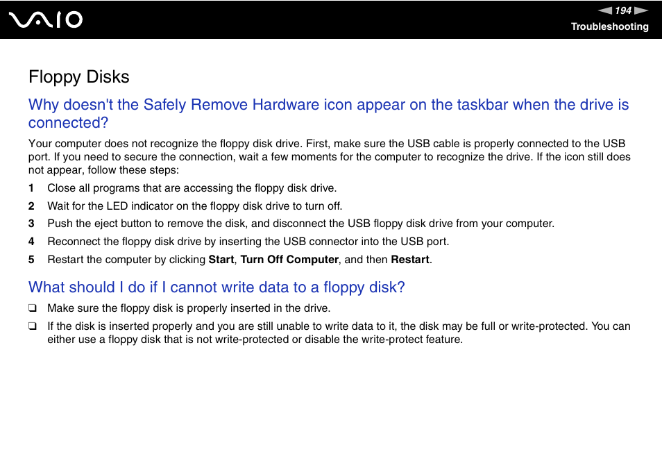 Floppy disks | Sony VAIO VGN-SZ600 User Manual | Page 194 / 216