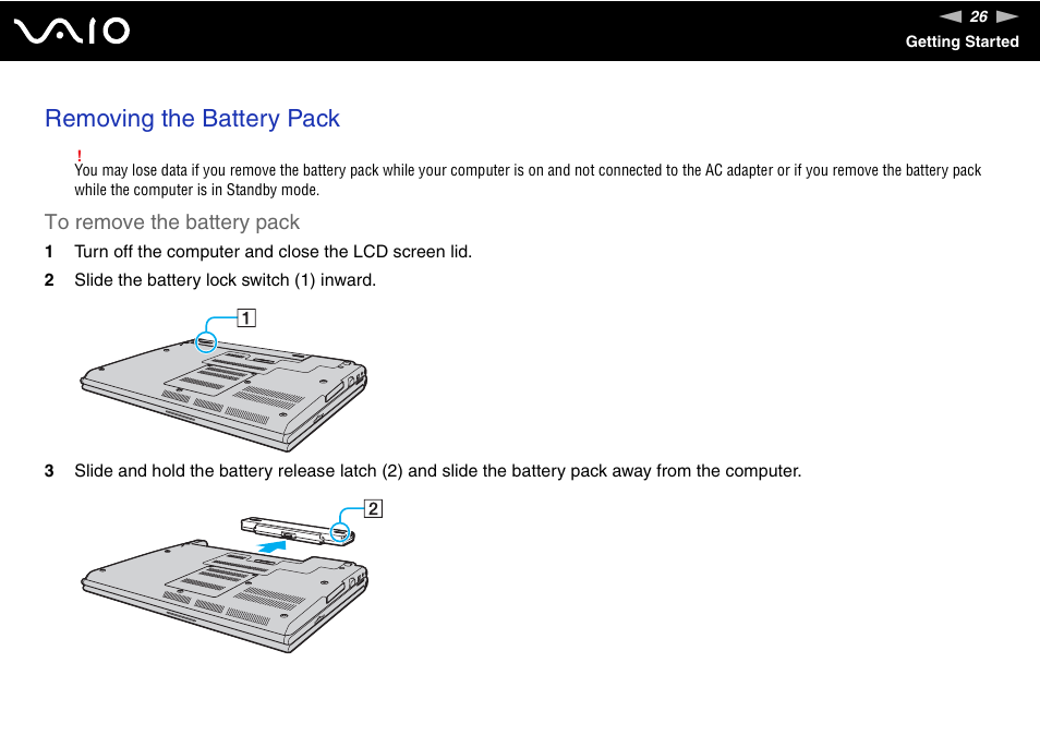 Removing the battery pack | Sony VAIO VGN-SZ600 User Manual | Page 26 / 216