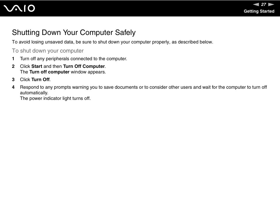 Shutting down your computer safely | Sony VAIO VGN-SZ600 User Manual | Page 27 / 216