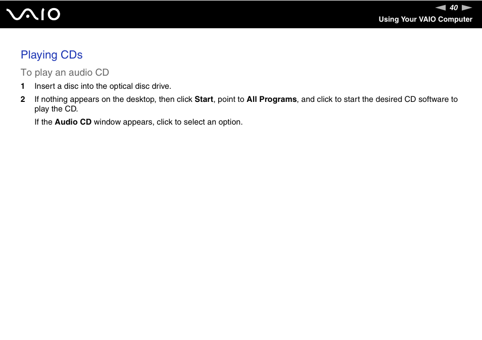 Playing cds | Sony VAIO VGN-SZ600 User Manual | Page 40 / 216