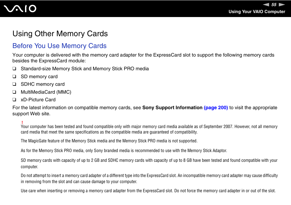 Using other memory cards | Sony VAIO VGN-SZ600 User Manual | Page 55 / 216