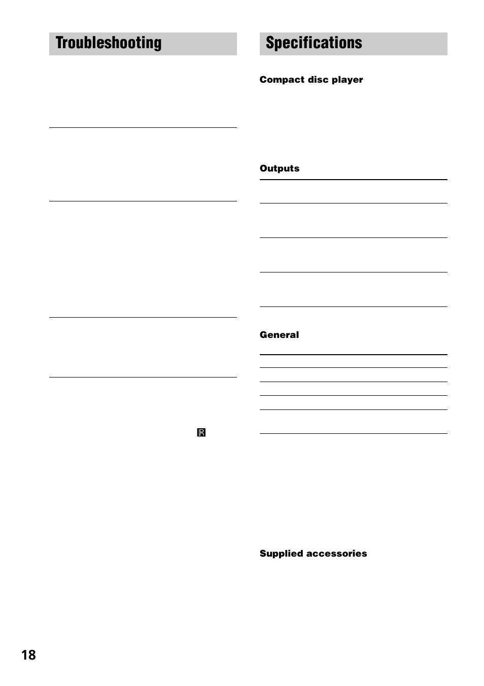 Troubleshooting, Specifications | Sony CDP-XE270 User Manual | Page 18 / 20
