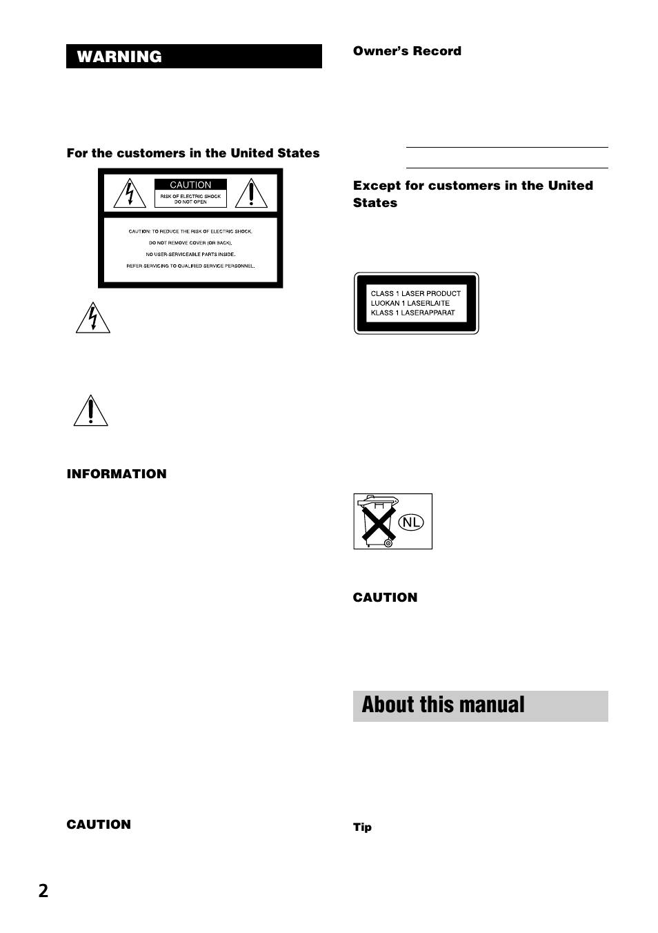 About this manual, Warning | Sony CDP-XE270 User Manual | Page 2 / 20