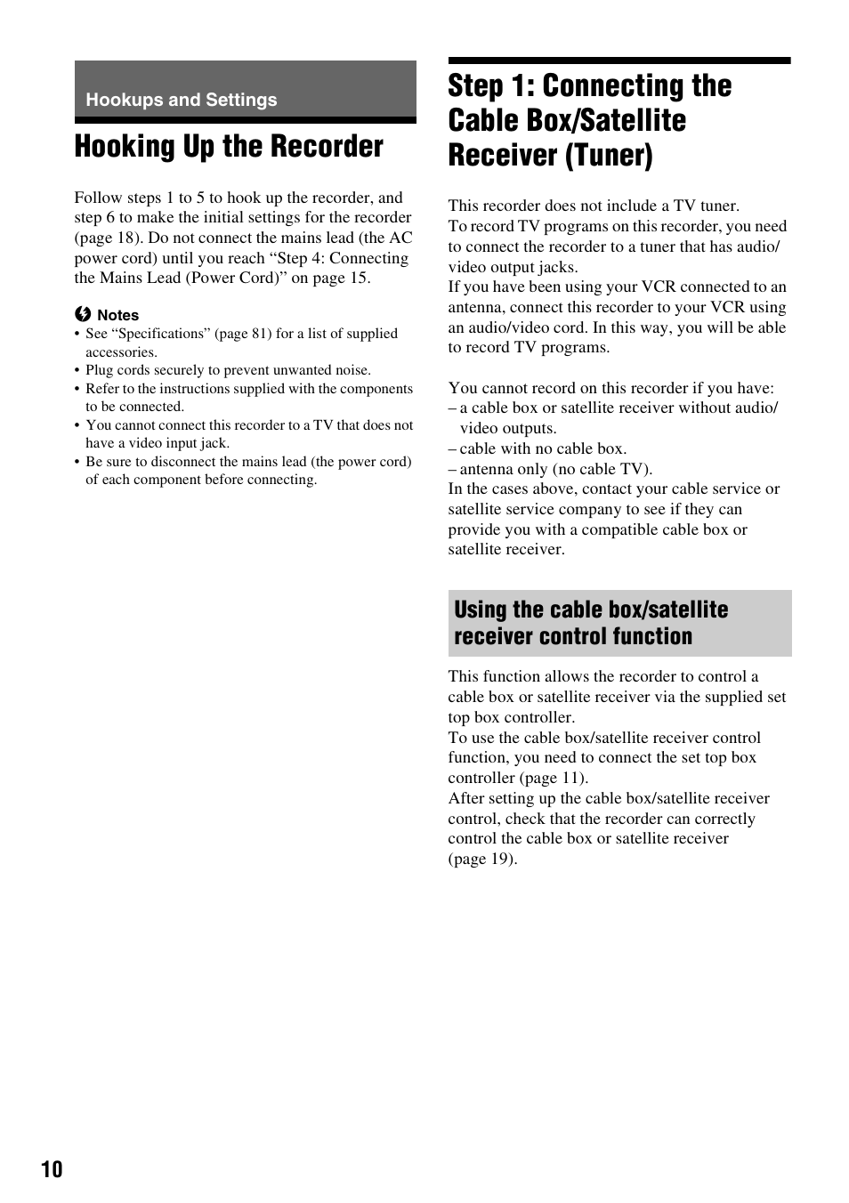 Hookups and settings, Hooking up the recorder | Sony RDR-GX257 User Manual | Page 10 / 84