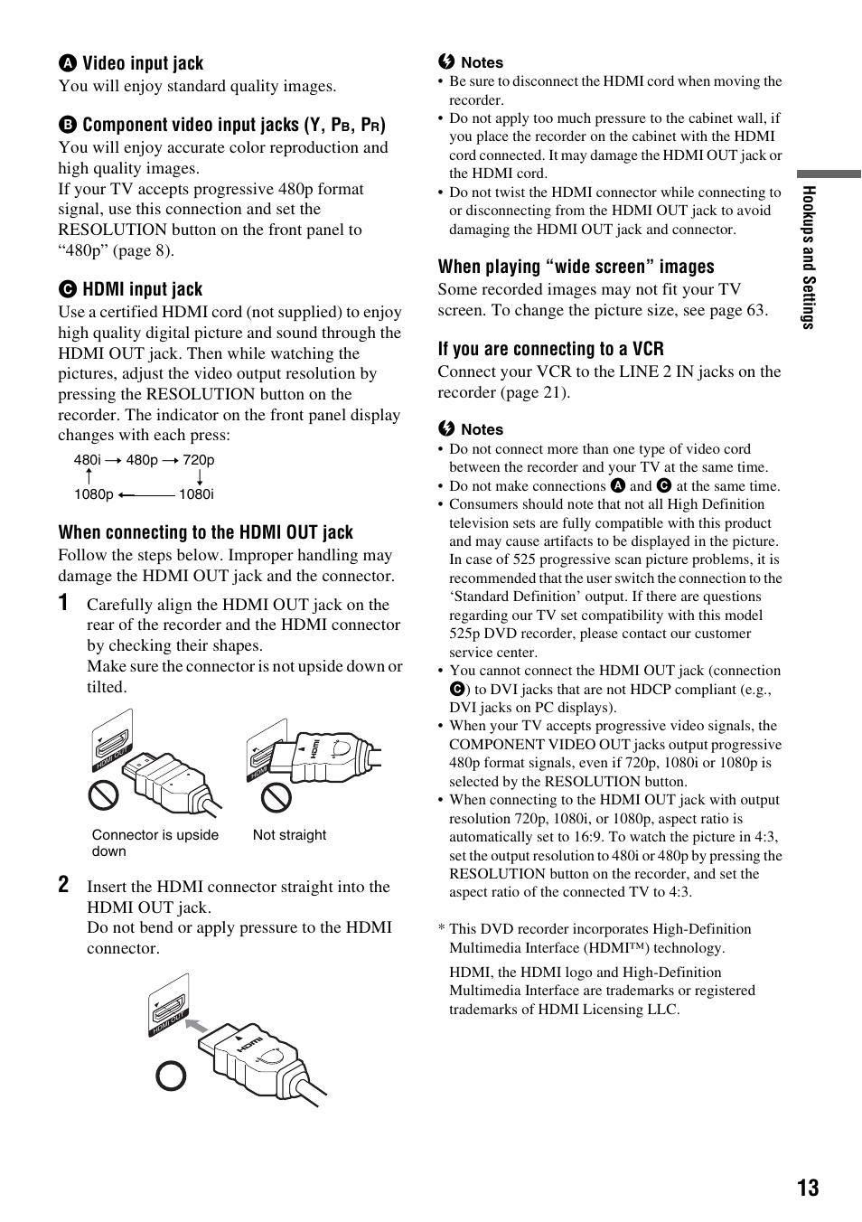 N (13), Avideo input jack, Bcomponent video input jacks (y, p | Chdmi input jack, When connecting to the hdmi out jack, When playing “wide screen” images, If you are connecting to a vcr | Sony RDR-GX257 User Manual | Page 13 / 84