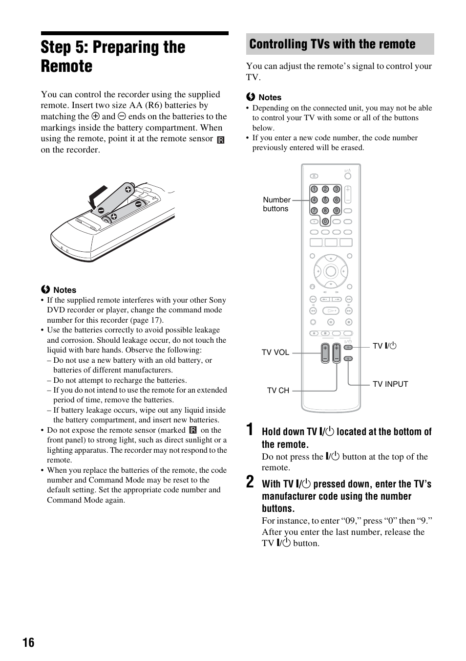Step 5: preparing the remote, Ect) (16), Controlling tvs with the remote | Sony RDR-GX257 User Manual | Page 16 / 84