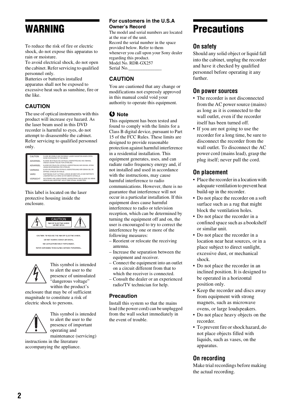 Warning, Precautions, On safety | On power sources, On placement, On recording | Sony RDR-GX257 User Manual | Page 2 / 84