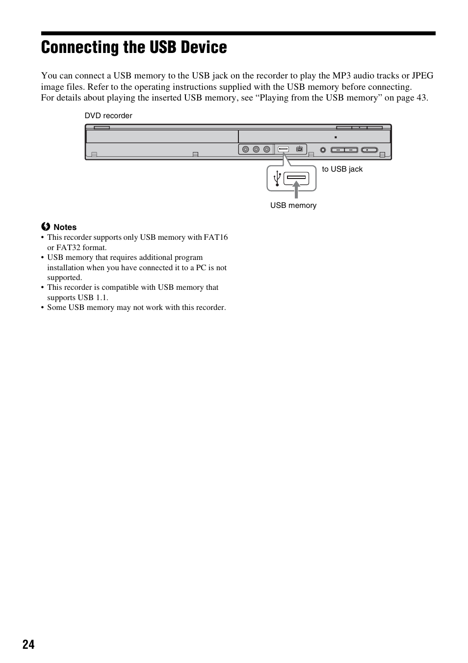 Connecting the usb device, A) (24) | Sony RDR-GX257 User Manual | Page 24 / 84