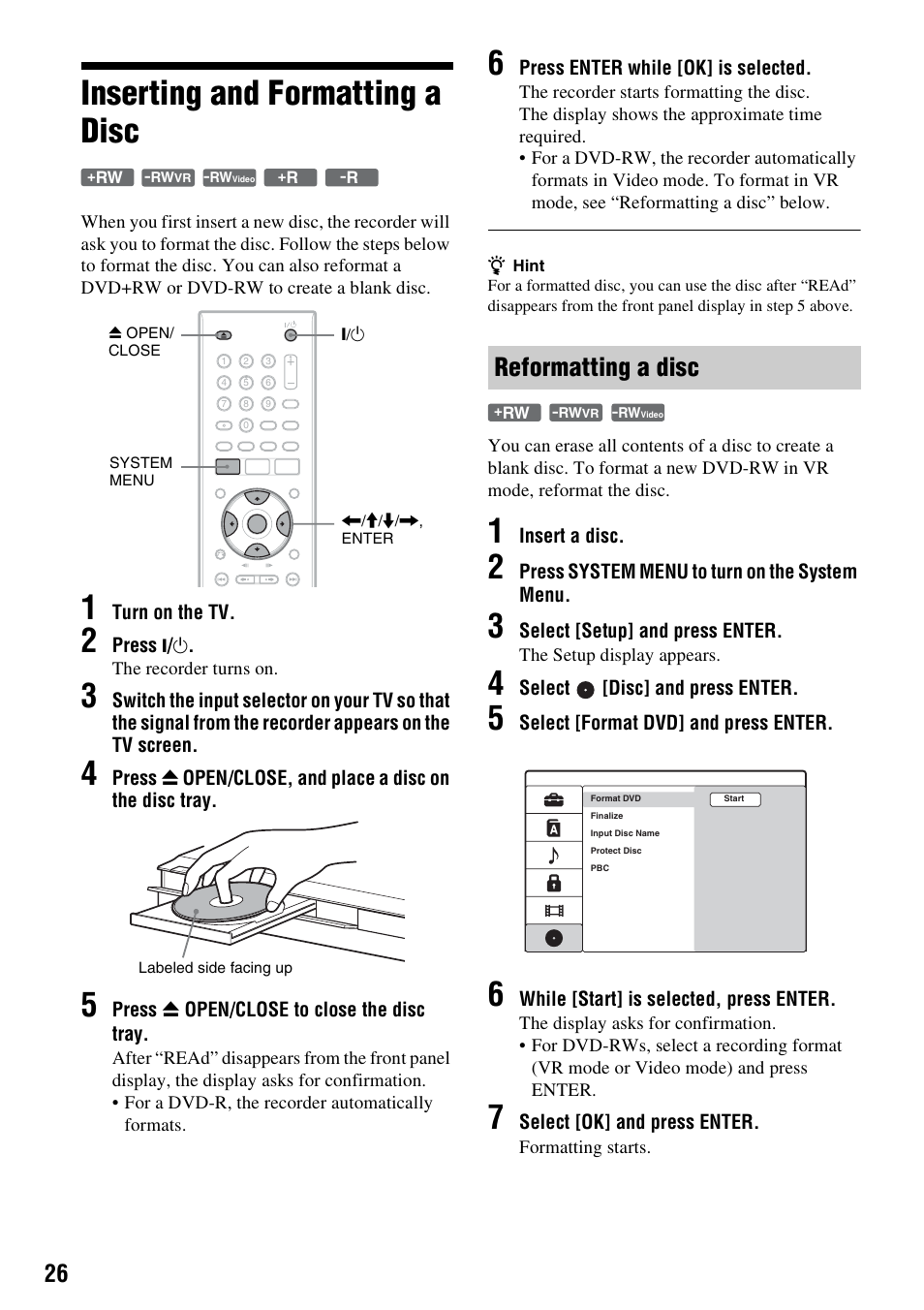 Inserting and formatting a disc, Se (26), Reformatting a disc | Sony RDR-GX257 User Manual | Page 26 / 84