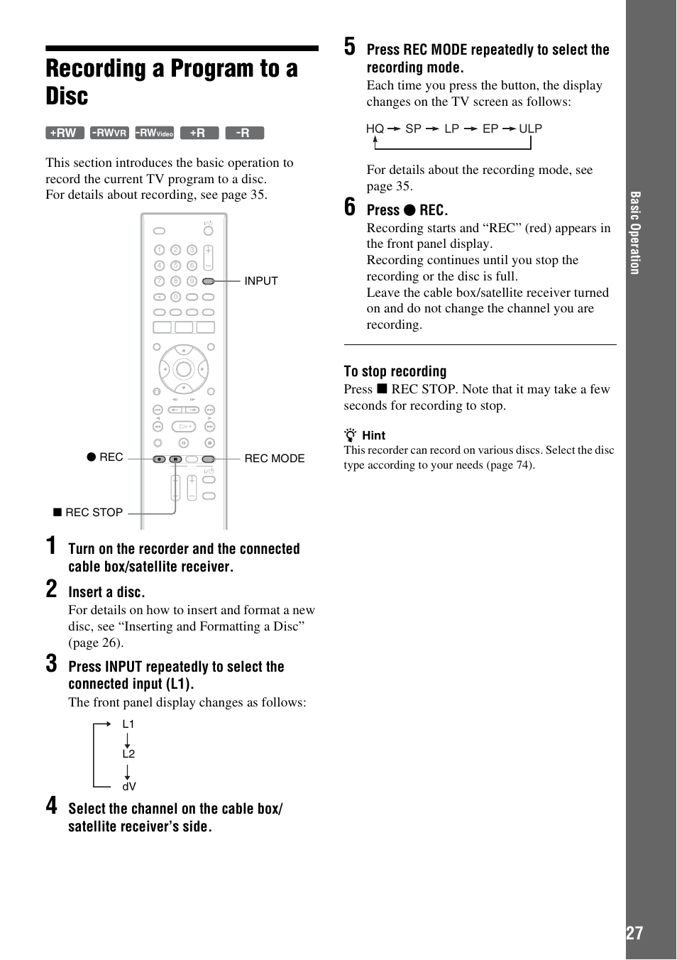 Recording a program to a disc | Sony RDR-GX257 User Manual | Page 27 / 84