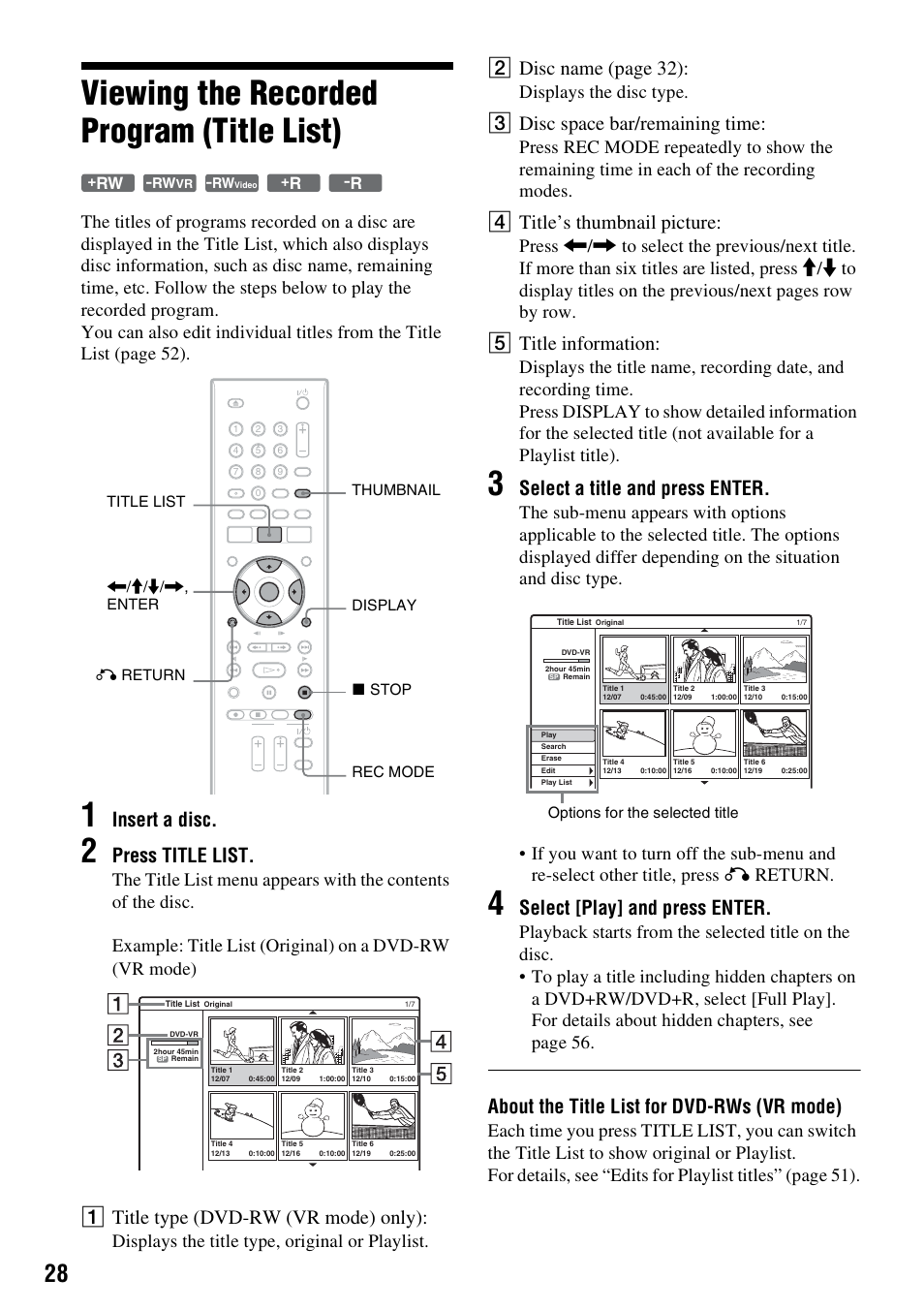 Viewing the recorded program (title list), Thumbnail (28), Insert a disc | Press title list, A title type (dvd-rw (vr mode) only), B disc name (page 32), C disc space bar/remaining time, D title’s thumbnail picture, E title information, Select a title and press enter | Sony RDR-GX257 User Manual | Page 28 / 84