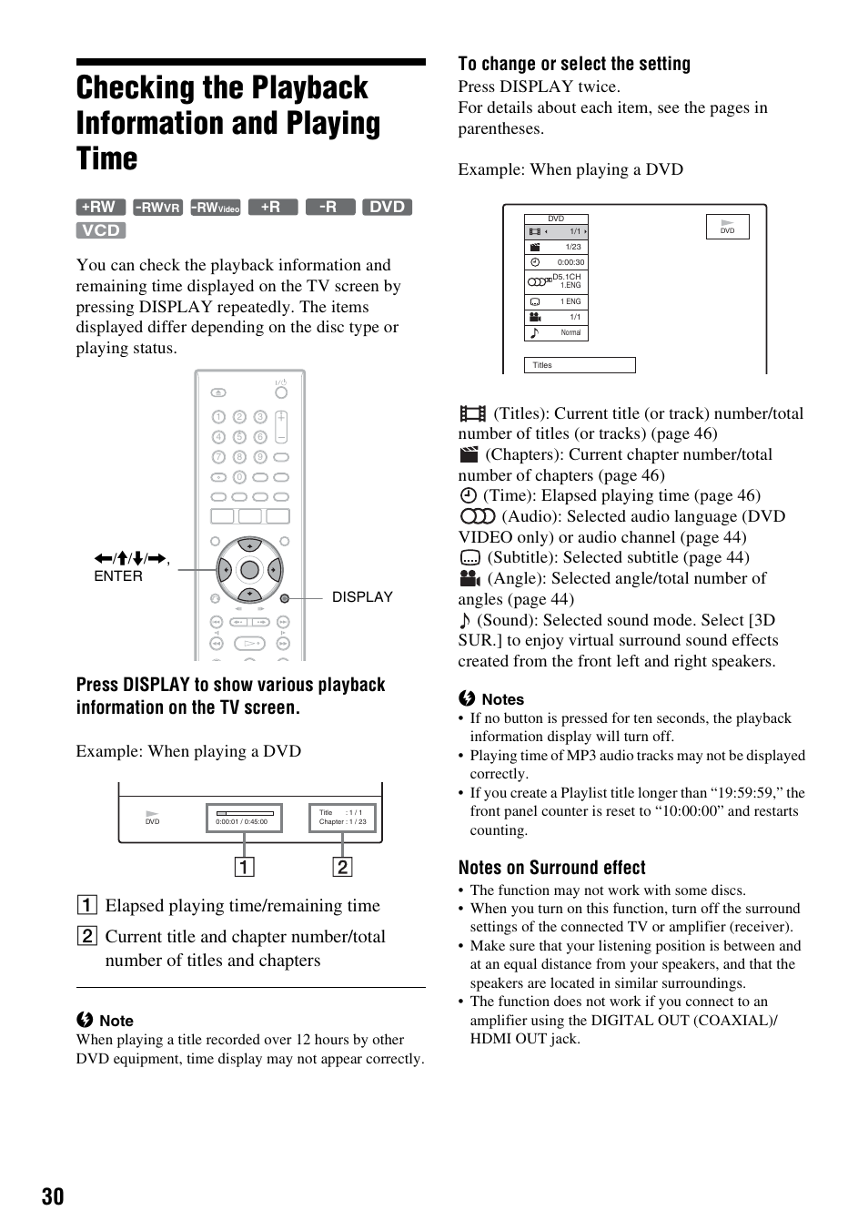 Checking the playback information and playing time, Display (30), Example: when playing a dvd | Sony RDR-GX257 User Manual | Page 30 / 84