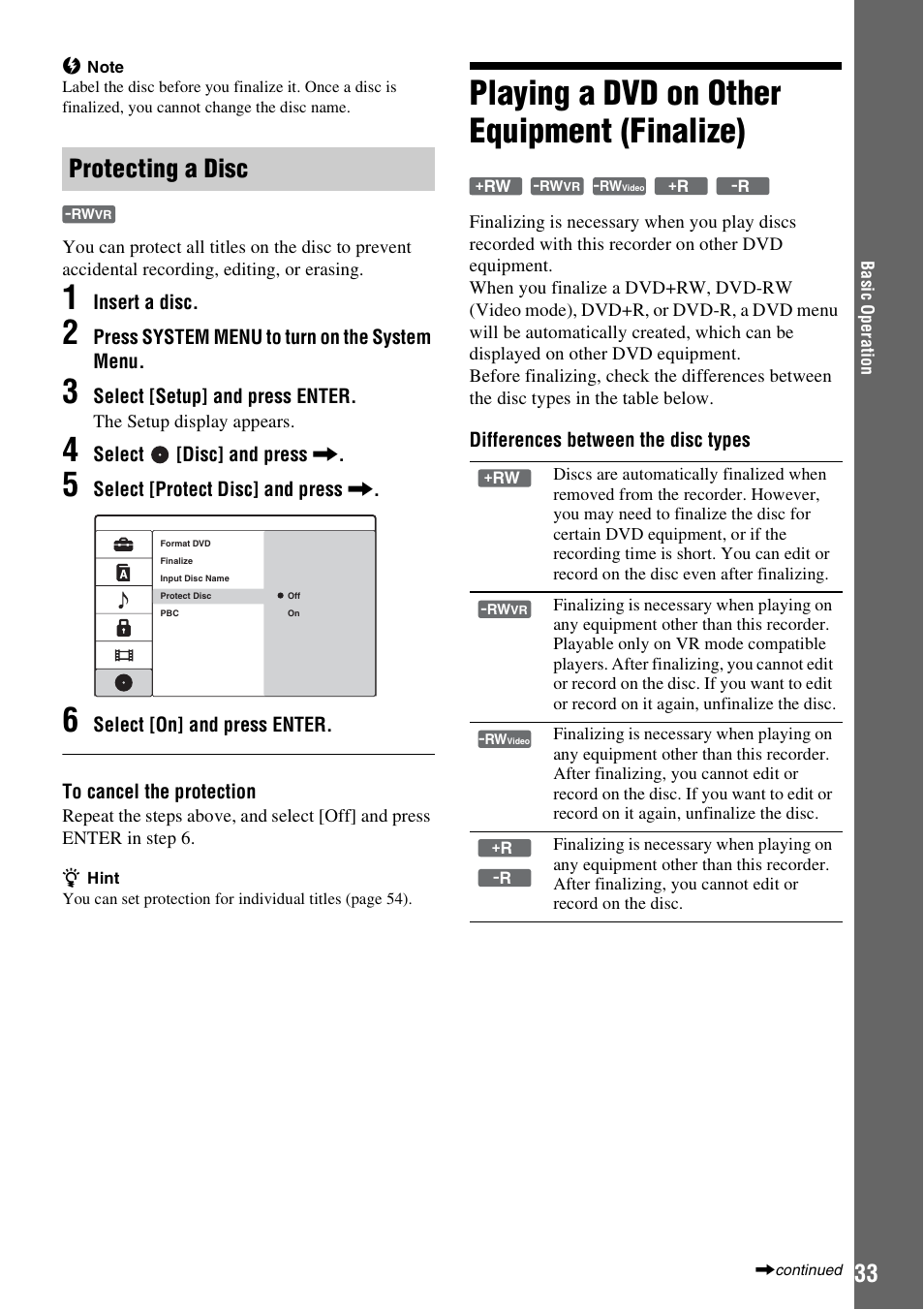 Playing a dvd on other equipment (finalize), Protecting a disc | Sony RDR-GX257 User Manual | Page 33 / 84