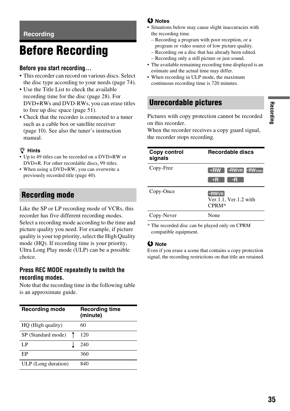 Recording, Before recording, Recording mode | Unrecordable pictures | Sony RDR-GX257 User Manual | Page 35 / 84