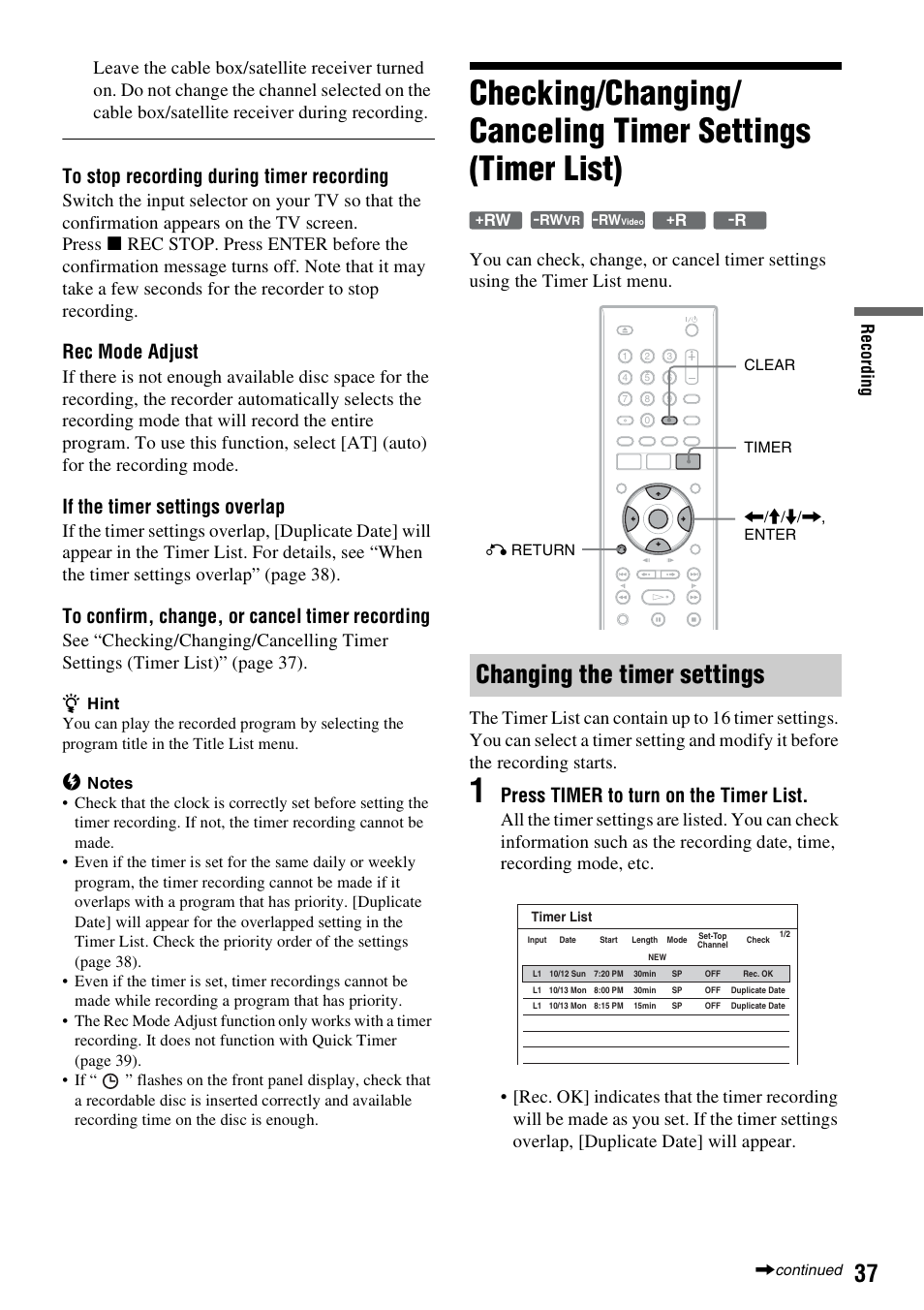 Clear (37), Rec mode adjust, Changing the timer settings | If the timer settings overlap, Press timer to turn on the timer list | Sony RDR-GX257 User Manual | Page 37 / 84