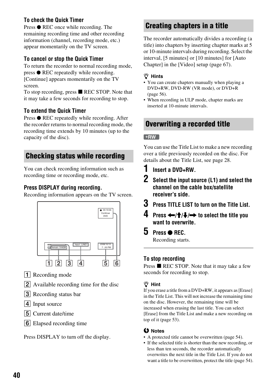 Checking status while recording | Sony RDR-GX257 User Manual | Page 40 / 84