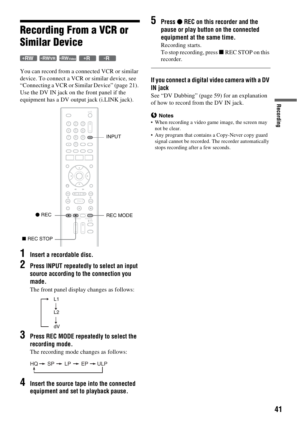 Recording from a vcr or similar device, Ect) (41) | Sony RDR-GX257 User Manual | Page 41 / 84