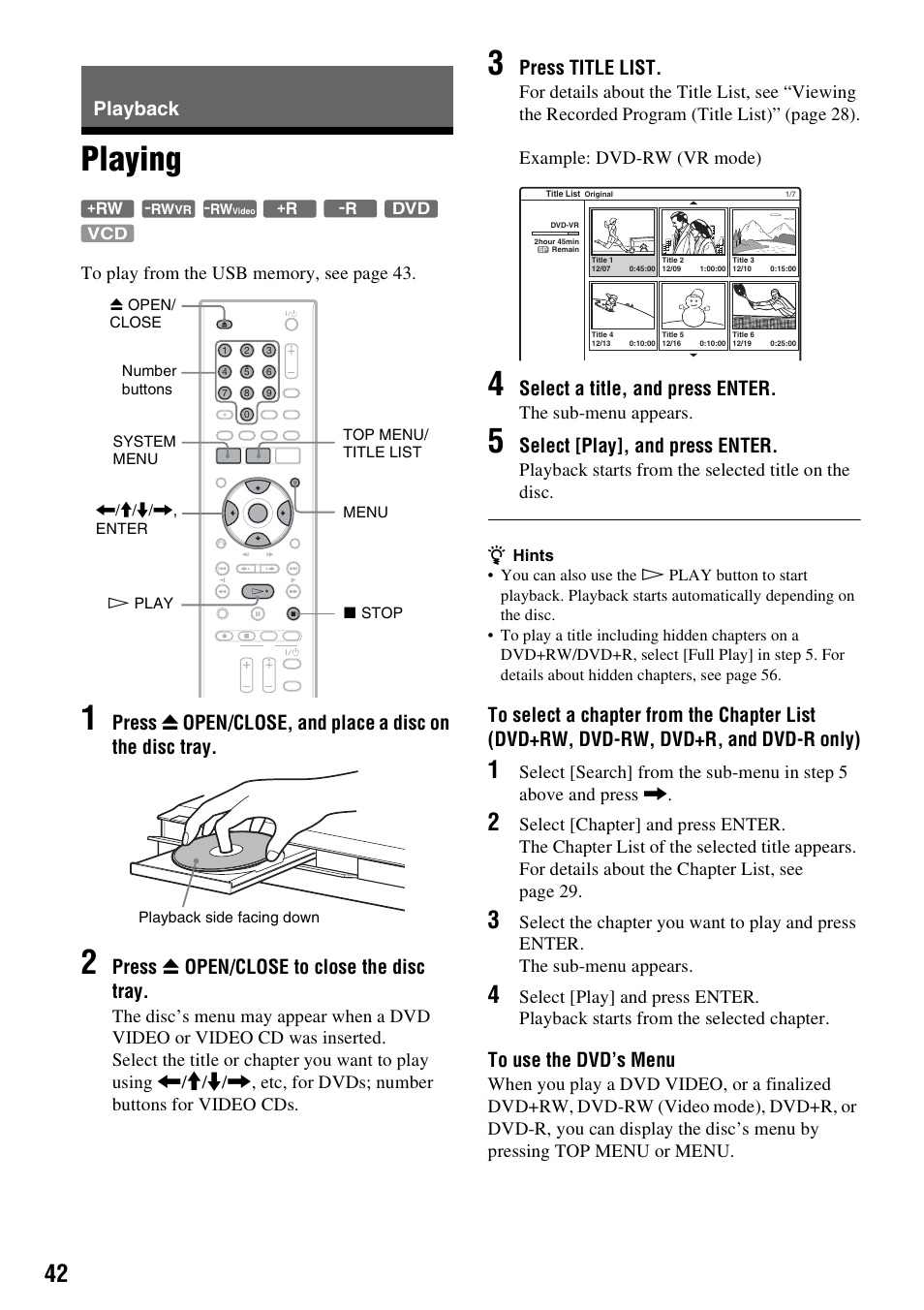 Playback, Playing, Nu (42) | Ay (42, Y) (42, 4, Press z open/close to close the disc tray, Press title list, Select a title, and press enter, Select [play], and press enter | Sony RDR-GX257 User Manual | Page 42 / 84