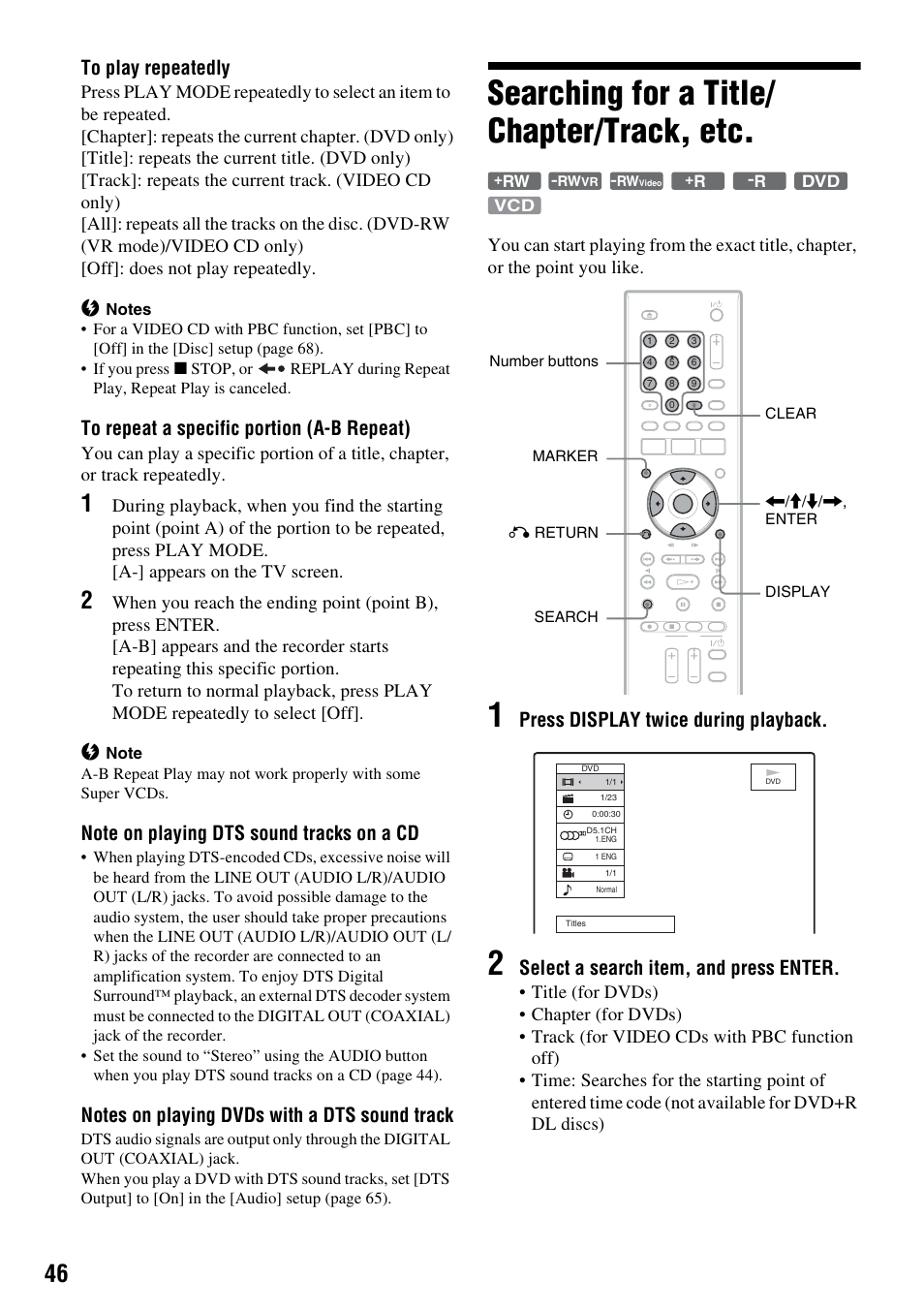 Searching for a title/ chapter/track, etc, Searching for a title/chapter/track, etc, Play mode (46 | Press display twice during playback, Select a search item, and press enter | Sony RDR-GX257 User Manual | Page 46 / 84