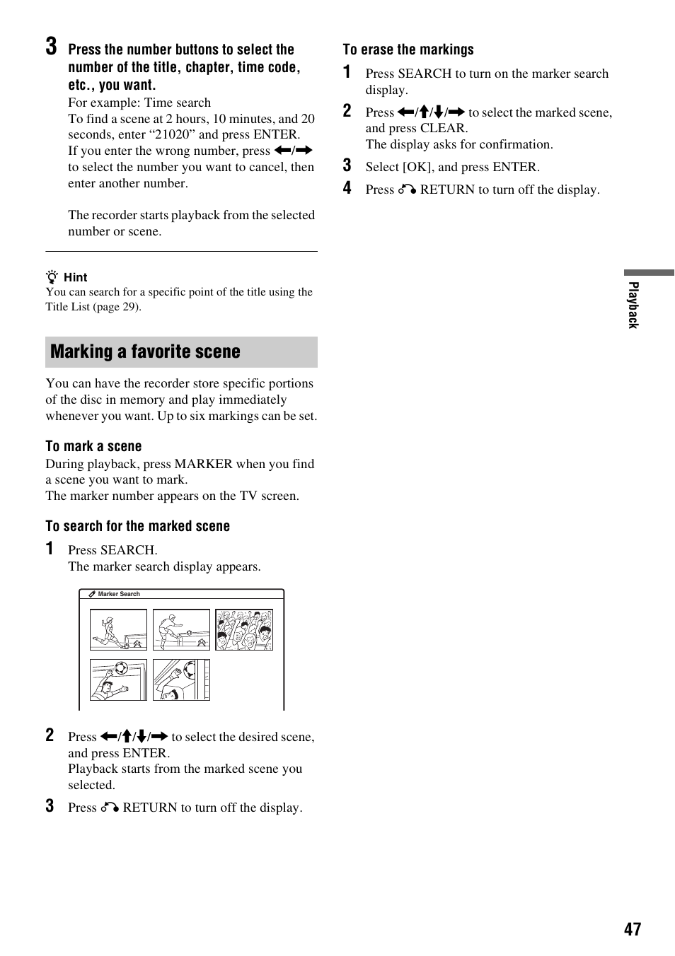 H (47), Arker (47), Marking a favorite scene | Sony RDR-GX257 User Manual | Page 47 / 84