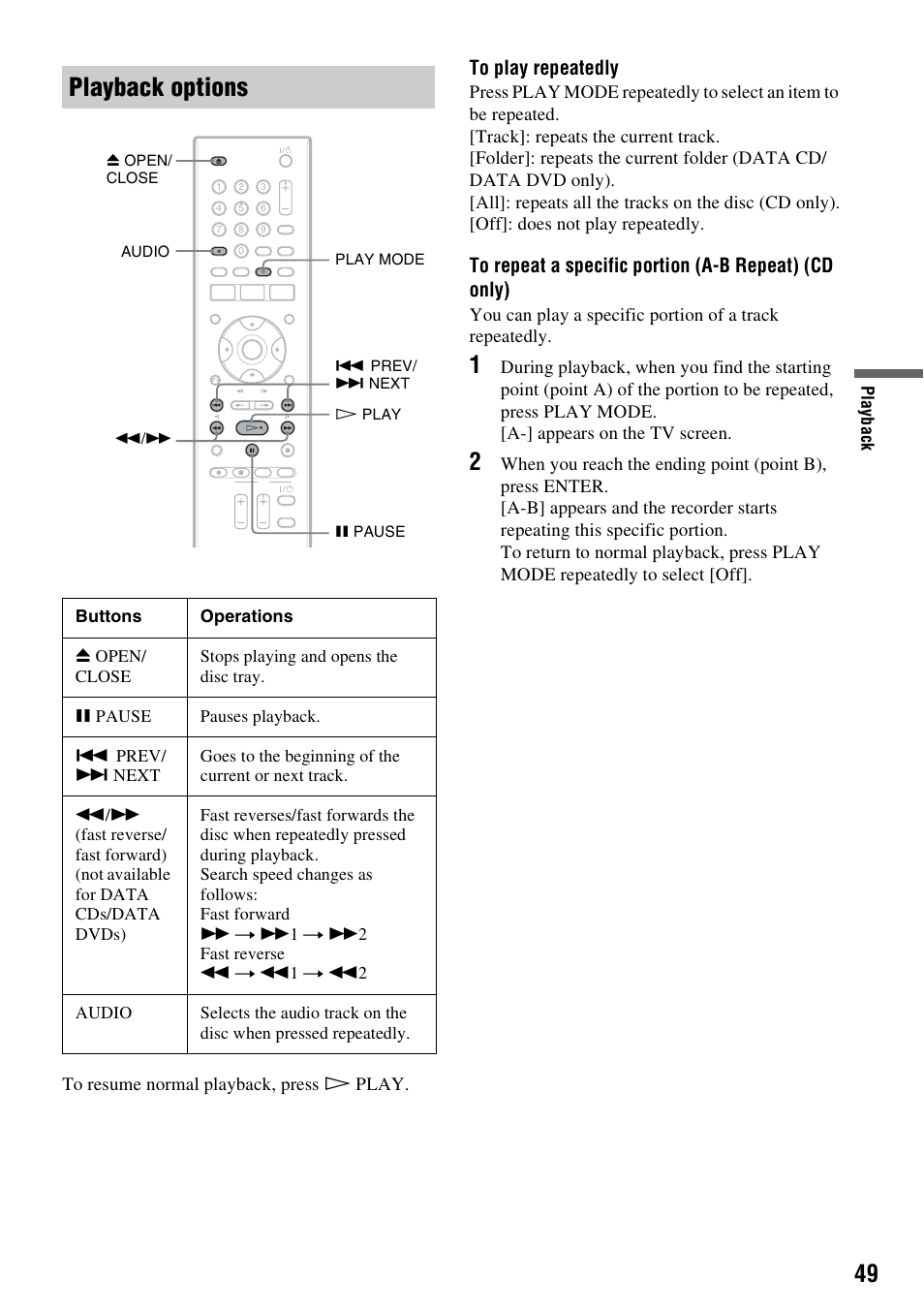 Playback options | Sony RDR-GX257 User Manual | Page 49 / 84