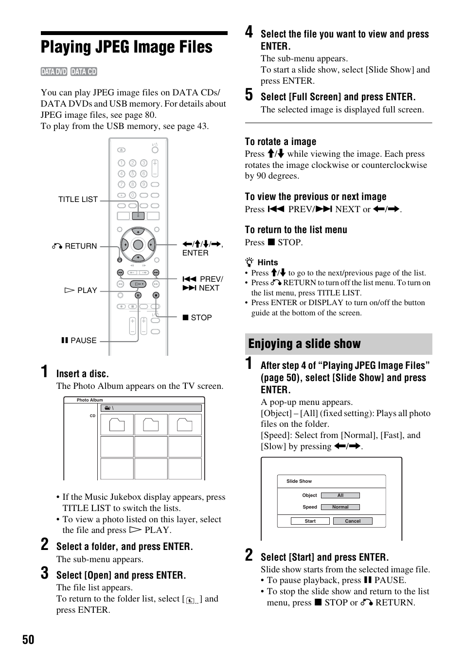 Playing jpeg image files, Enjoying a slide show | Sony RDR-GX257 User Manual | Page 50 / 84
