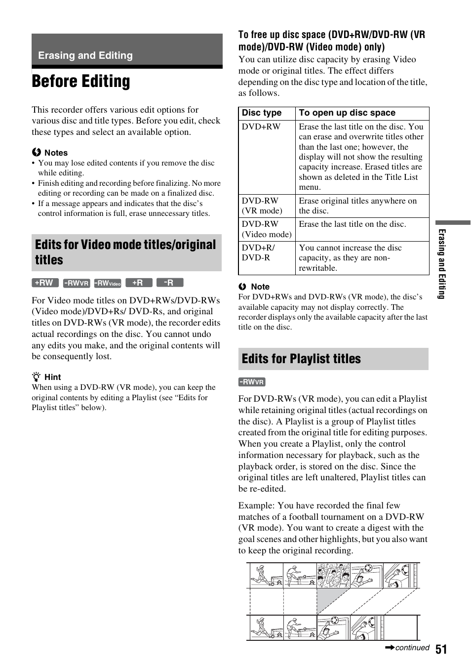 Erasing and editing, Before editing, Edits for video mode titles/original titles | Edits for playlist titles | Sony RDR-GX257 User Manual | Page 51 / 84