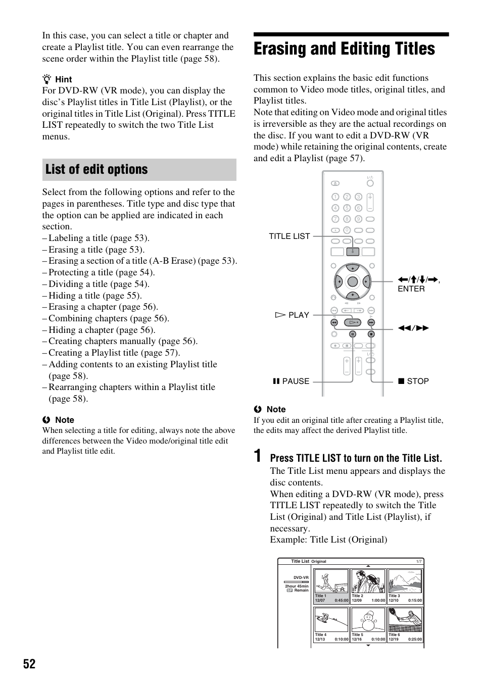 Erasing and editing titles, List of edit options, Press title list to turn on the title list | Sony RDR-GX257 User Manual | Page 52 / 84
